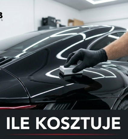 Zbliżenie na dłoń w czarnej rękawiczce, która przy użyciu specjalnego aplikatora nakłada preparat na lśniący, czarny lakier sportowego samochodu. Zdjęcie z jasnego studia detailingowego ilustruje proces ochrony karoserii i stanowi tło do artykułu wyjaśniającego, ile kosztuje powłoka ceramiczna.